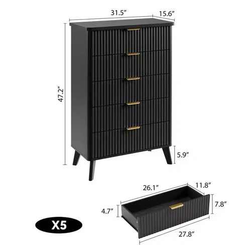 Comò a 5 cassetti per camera da letto, cassettiera alta 120 cm con maniglie dorate, comodino in legno, organizer per vestiti per ingresso e camera da letto