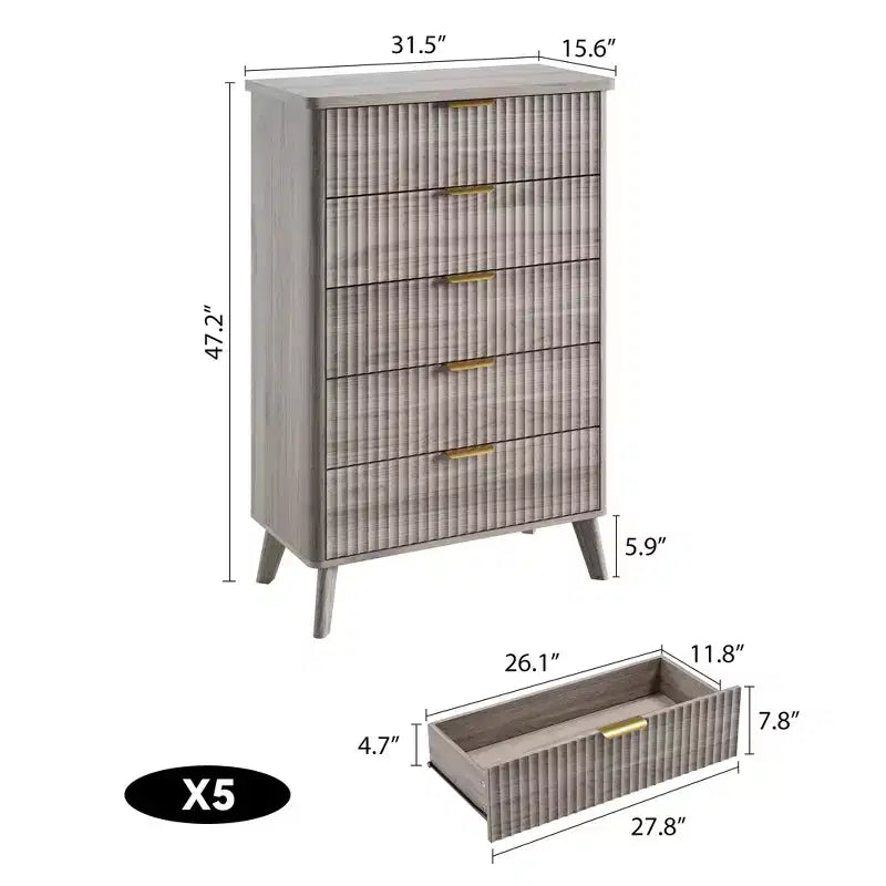 Comò a 5 cassetti per camera da letto, cassettiera alta 120 cm con maniglie dorate, comodino in legno, organizer per vestiti per ingresso e camera da letto