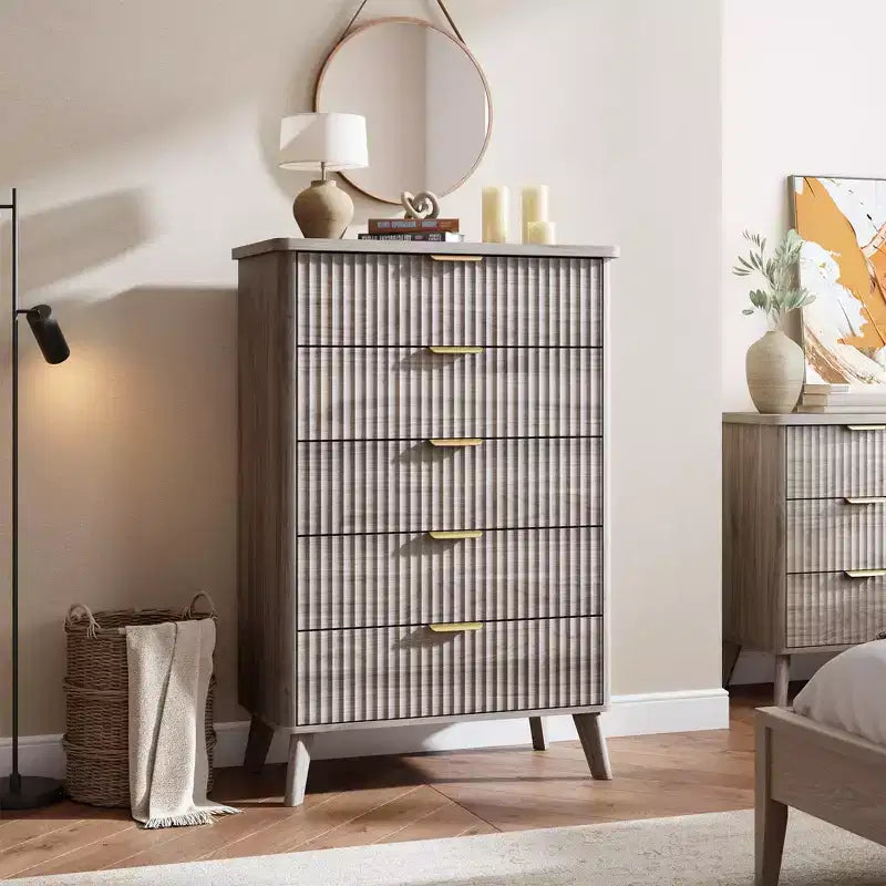 Comò a 5 cassetti per camera da letto, cassettiera alta 120 cm con maniglie dorate, comodino in legno, organizer per vestiti per ingresso e camera da letto