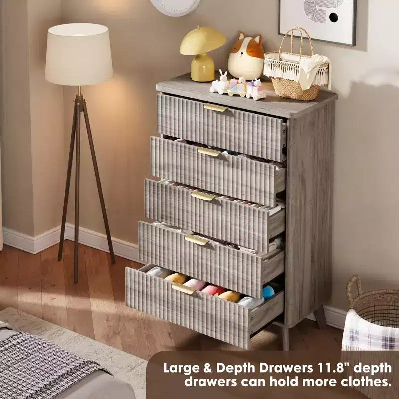 Comò a 5 cassetti per camera da letto, cassettiera alta 120 cm con maniglie dorate, comodino in legno, organizer per vestiti per ingresso e camera da letto