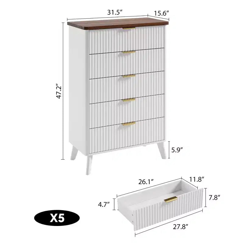 Comò a 5 cassetti per camera da letto, cassettiera alta 120 cm con maniglie dorate, comodino in legno, organizer per vestiti per ingresso e camera da letto