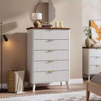 Comò a 5 cassetti per camera da letto, cassettiera alta 120 cm con maniglie dorate, comodino in legno, organizer per vestiti per ingresso e camera da letto
