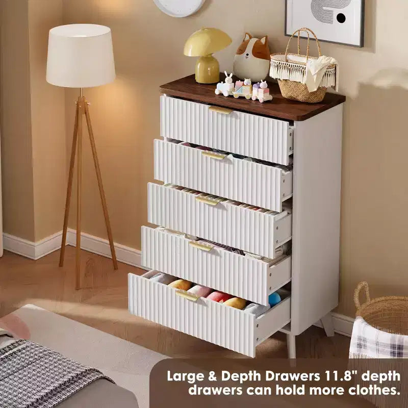 Comò a 5 cassetti per camera da letto, cassettiera alta 120 cm con maniglie dorate, comodino in legno, organizer per vestiti per ingresso e camera da letto