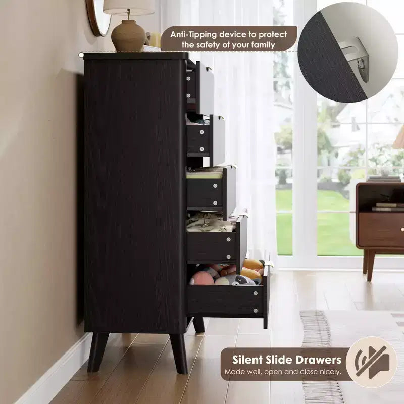 Comò a 5 cassetti per camera da letto, cassettiera alta 120 cm con maniglie dorate, comodino in legno, organizer per vestiti per ingresso e camera da letto