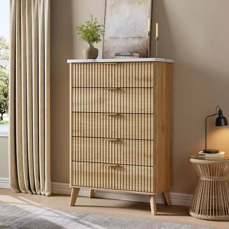 Comò a 5 cassetti per camera da letto, cassettiera alta 120 cm con maniglie dorate, comodino in legno, organizer per vestiti per ingresso e camera da letto