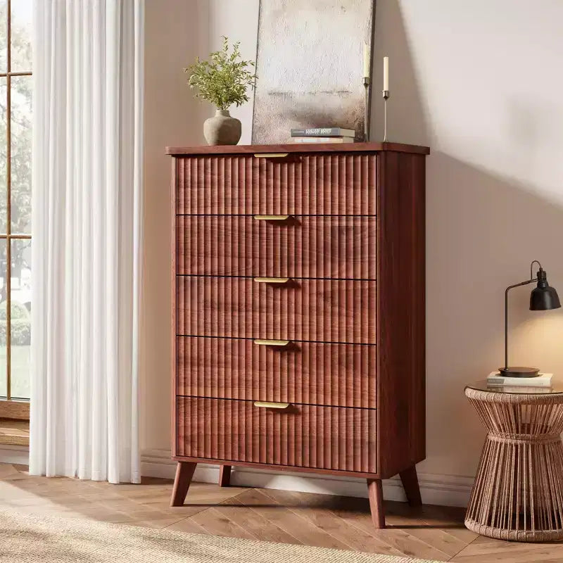 Comò a 5 cassetti per camera da letto, cassettiera alta 120 cm con maniglie dorate, comodino in legno, organizer per vestiti per ingresso e camera da letto