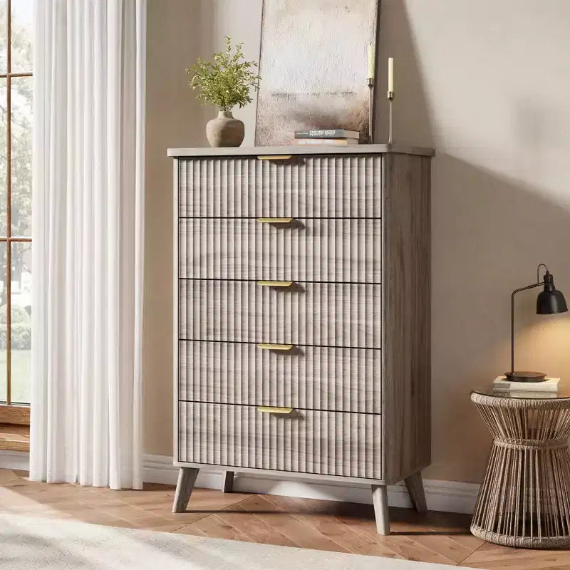 Comò a 5 cassetti per camera da letto, cassettiera alta 120 cm con maniglie dorate, comodino in legno, organizer per vestiti per ingresso e camera da letto