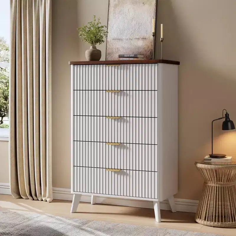 Comò a 5 cassetti per camera da letto, cassettiera alta 120 cm con maniglie dorate, comodino in legno, organizer per vestiti per ingresso e camera da letto