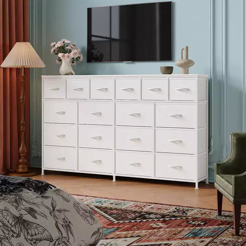18 Comò da camera da letto, cassettiera con cassetti in tessuto, comò d'accento con struttura in acciaio, organizer per vestiti per corridoio