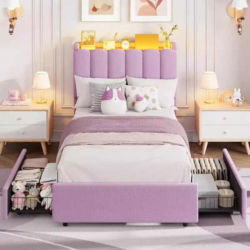 Struttura letto con testiera contenitore, struttura letto per bambini con 2 cassetti, letto a piattaforma rivestito in tessuto, testiera sagomata con libreria