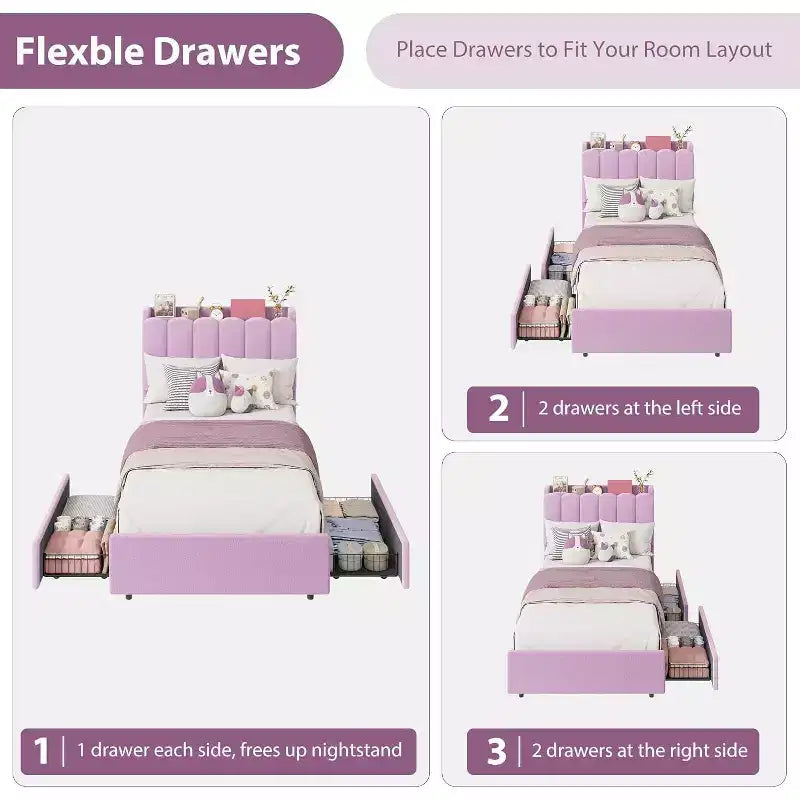 Struttura letto con testiera contenitore, struttura letto per bambini con 2 cassetti, letto a piattaforma rivestito in tessuto, testiera sagomata con libreria