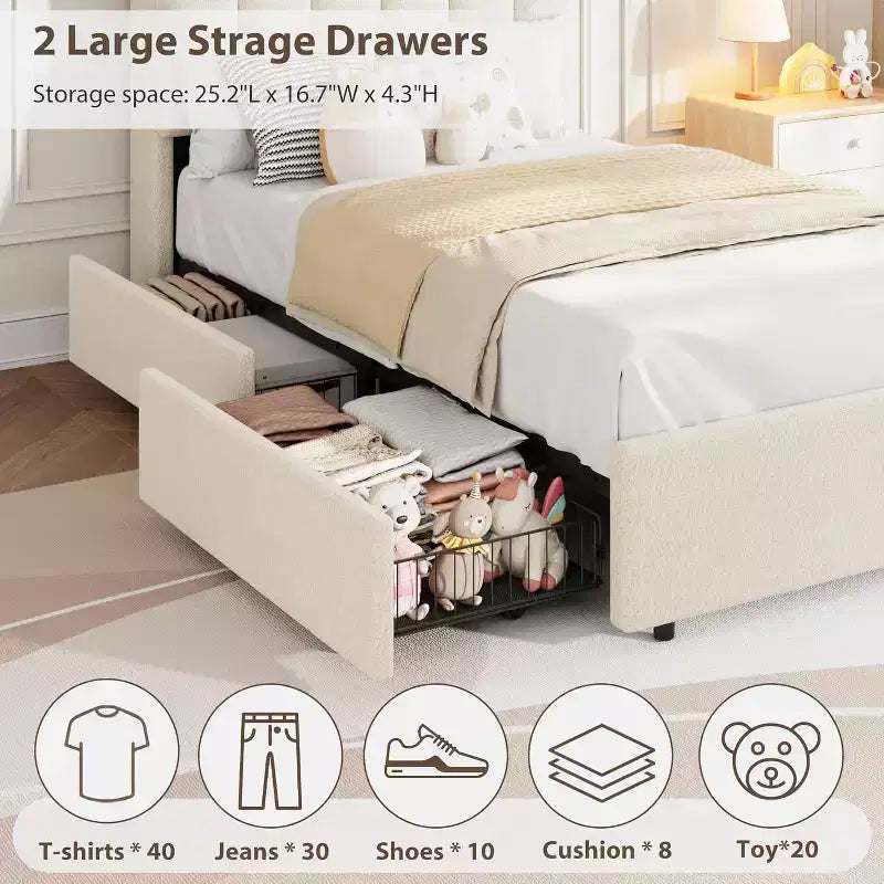 Struttura letto con testiera contenitore, struttura letto per bambini con 2 cassetti, letto a piattaforma rivestito in tessuto, testiera sagomata con libreria