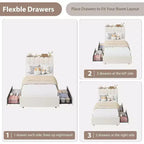 Struttura letto con testiera contenitore, struttura letto per bambini con 2 cassetti, letto a piattaforma rivestito in tessuto, testiera sagomata con libreria