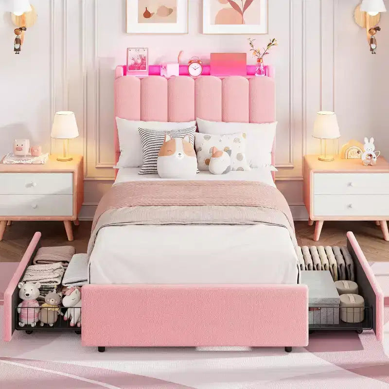 Struttura letto con testiera contenitore, struttura letto per bambini con 2 cassetti, letto a piattaforma rivestito in tessuto, testiera sagomata con libreria