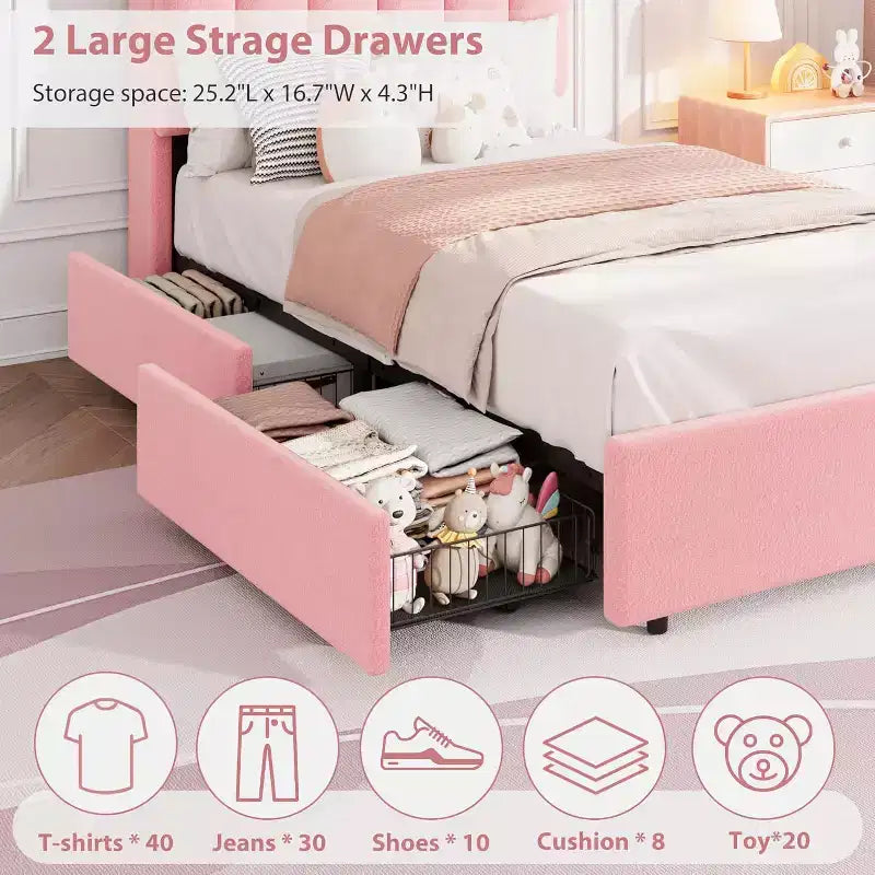 Struttura letto con testiera contenitore, struttura letto per bambini con 2 cassetti, letto a piattaforma rivestito in tessuto, testiera sagomata con libreria