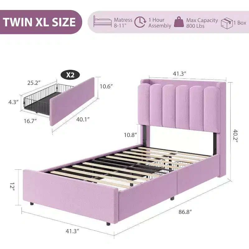 Struttura letto con testiera contenitore, struttura letto per bambini con 2 cassetti, letto a piattaforma rivestito in tessuto, testiera sagomata con libreria