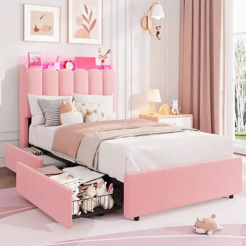 Bed frame with storage headboard, children's bed frame with 2 drawers, fabric upholstered platform bed, contoured headboard with bookshelf
