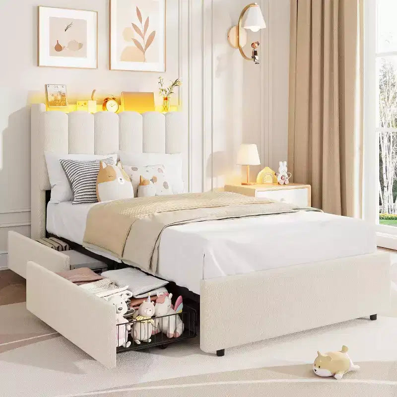 Struttura letto con testiera contenitore, struttura letto per bambini con 2 cassetti, letto a piattaforma rivestito in tessuto, testiera sagomata con libreria