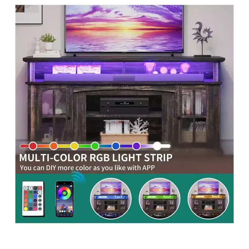 Mobile TV con luci LED e prese di corrente, per TV fino a 65 pollici, Centro di intrattenimento con ripiani regolabili e ante in vetro per soggiorno