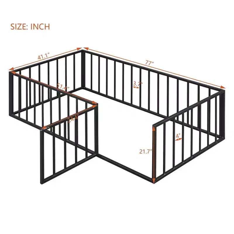 Struttura Letto a Terra per Bambini, Letto Montessori in Metallo con Sbarre e Porta, Struttura Letto a Terra con Sponde a Forma di Recinzione