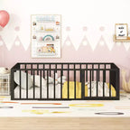 Struttura Letto a Terra per Bambini, Letto Montessori in Metallo con Sbarre e Porta, Struttura Letto a Terra con Sponde a Forma di Recinzione