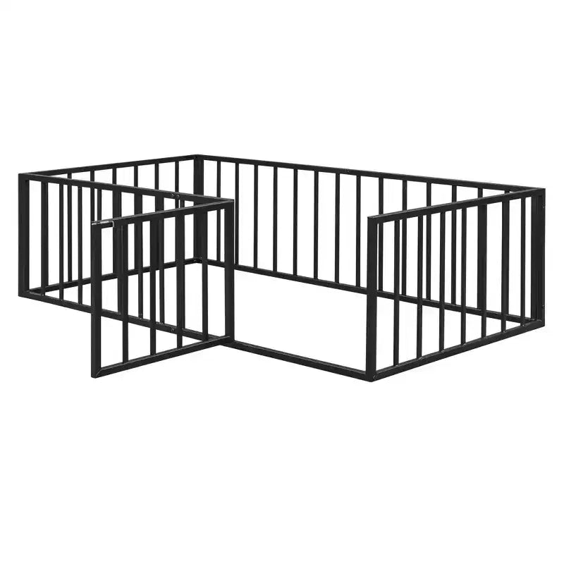 Struttura Letto a Terra per Bambini, Letto Montessori in Metallo con Sbarre e Porta, Struttura Letto a Terra con Sponde a Forma di Recinzione