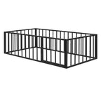 Struttura Letto a Terra per Bambini, Letto Montessori in Metallo con Sbarre e Porta, Struttura Letto a Terra con Sponde a Forma di Recinzione