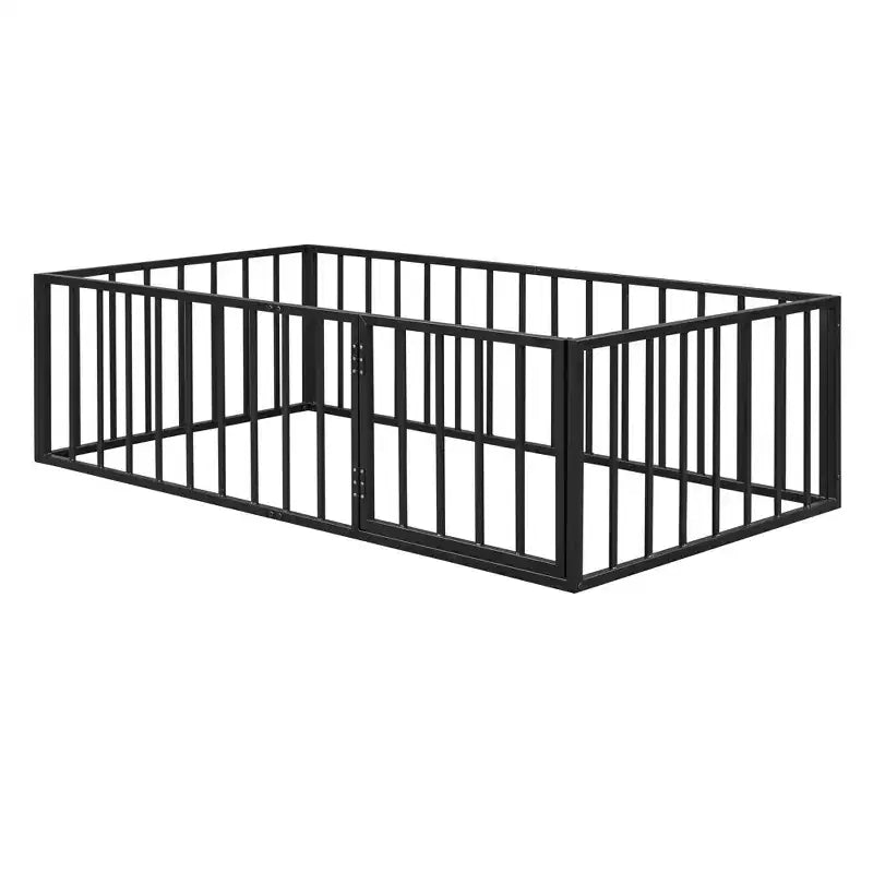 Struttura Letto a Terra per Bambini, Letto Montessori in Metallo con Sbarre e Porta, Struttura Letto a Terra con Sponde a Forma di Recinzione