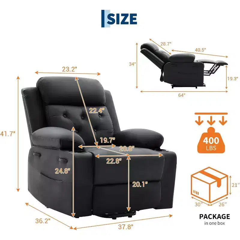 Comoda poltrona reclinabile in velluto a coste, reclinabile a sollevamento oversize in pelle PU, design regolabile, tasche laterali, due portabicchieri, per soggiorno, camera da letto