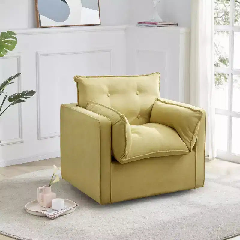 Poltrona girevole accentata oversize, divano accentato comodo di metà secolo, poltrona a barilotto moderna in tessuto di lino, base in metallo, nessun assemblaggio, per soggiorno
