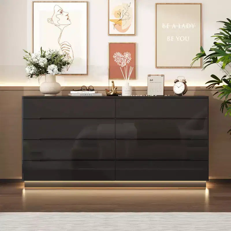 Cassettiera Moderna a 8 Cassetti Famapy con Illuminazione Base a LED, Finitura Lucida e Versatilità Multi-Stanza, Cassettiera, Elegante Organizzatore per la Casa
