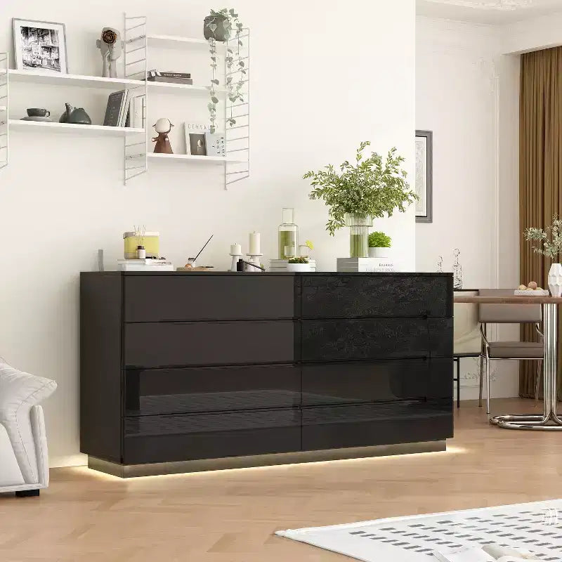 Cassettiera Moderna a 8 Cassetti Famapy con Illuminazione Base a LED, Finitura Lucida e Versatilità Multi-Stanza, Cassettiera, Elegante Organizzatore per la Casa