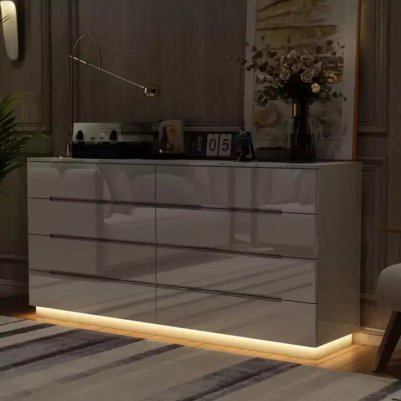 Cassettiera Moderna a 8 Cassetti Famapy con Illuminazione Base a LED, Finitura Lucida e Versatilità Multi-Stanza, Cassettiera, Elegante Organizzatore per la Casa