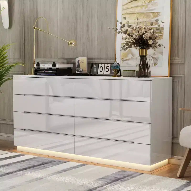 Cassettiera Moderna a 8 Cassetti Famapy con Illuminazione Base a LED, Finitura Lucida e Versatilità Multi-Stanza, Cassettiera, Elegante Organizzatore per la Casa