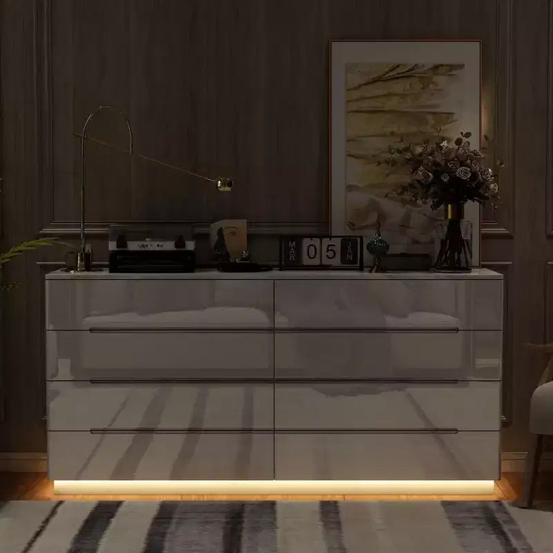 Cassettiera Moderna a 8 Cassetti Famapy con Illuminazione Base a LED, Finitura Lucida e Versatilità Multi-Stanza, Cassettiera, Elegante Organizzatore per la Casa