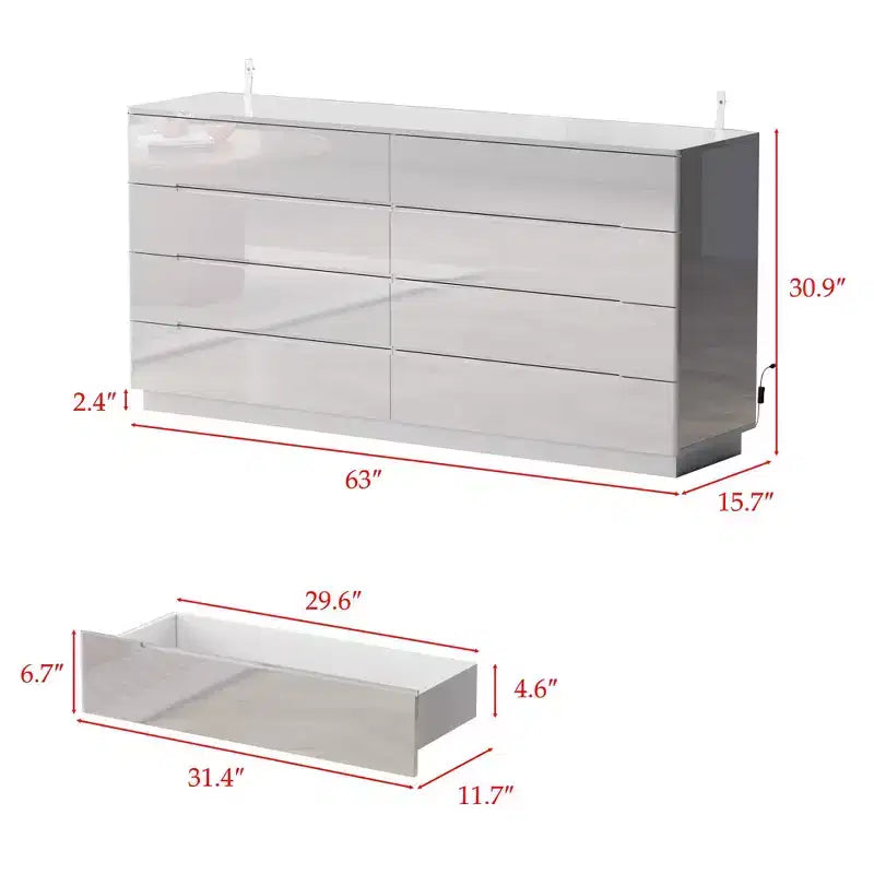 Cassettiera Moderna a 8 Cassetti Famapy con Illuminazione Base a LED, Finitura Lucida e Versatilità Multi-Stanza, Cassettiera, Elegante Organizzatore per la Casa