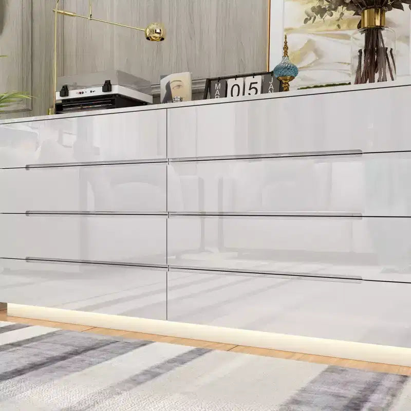 Cassettiera Moderna a 8 Cassetti Famapy con Illuminazione Base a LED, Finitura Lucida e Versatilità Multi-Stanza, Cassettiera, Elegante Organizzatore per la Casa