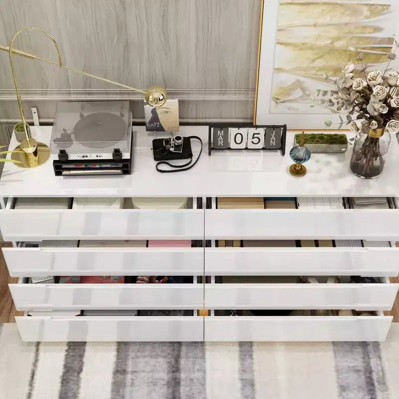 Cassettiera Moderna a 8 Cassetti Famapy con Illuminazione Base a LED, Finitura Lucida e Versatilità Multi-Stanza, Cassettiera, Elegante Organizzatore per la Casa