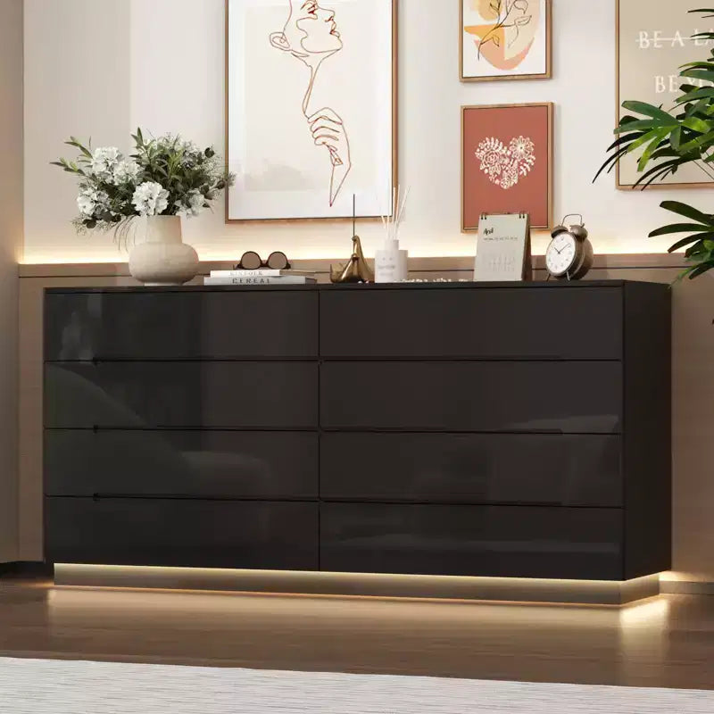 Cassettiera Moderna a 8 Cassetti Famapy con Illuminazione Base a LED, Finitura Lucida e Versatilità Multi-Stanza, Cassettiera, Elegante Organizzatore per la Casa
