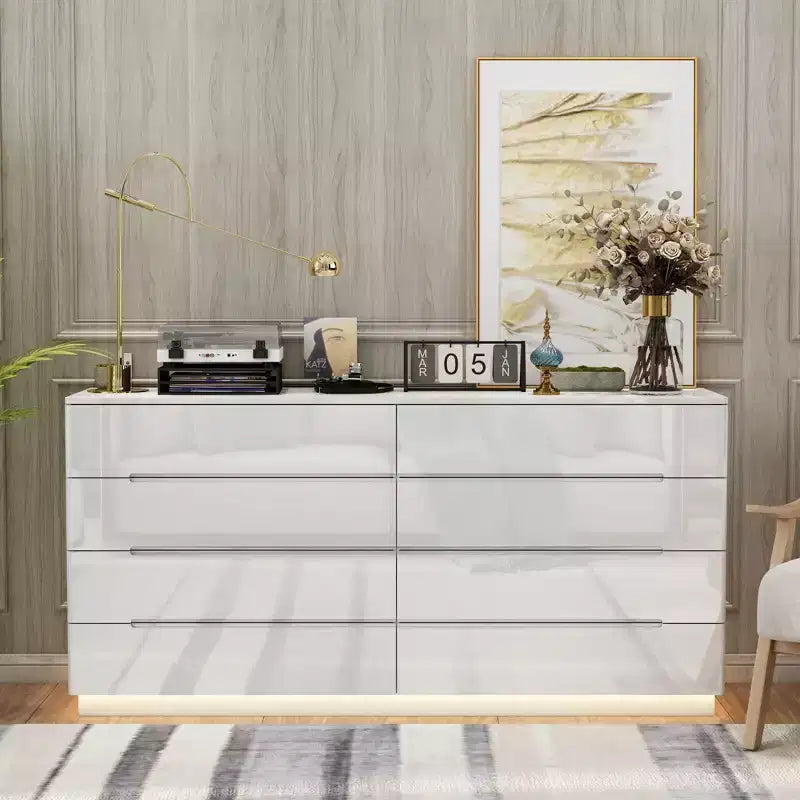 Cassettiera Moderna a 8 Cassetti Famapy con Illuminazione Base a LED, Finitura Lucida e Versatilità Multi-Stanza, Cassettiera, Elegante Organizzatore per la Casa