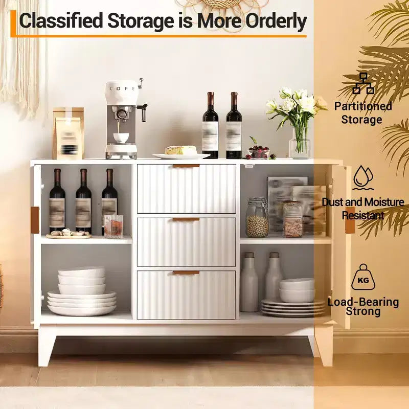 GustoWave Mobile Contenitore Mid Century con 3 Cassetti, Madia a Costine con Contenitore, Credenza Grande, Mobiletto Bar per Caffè
