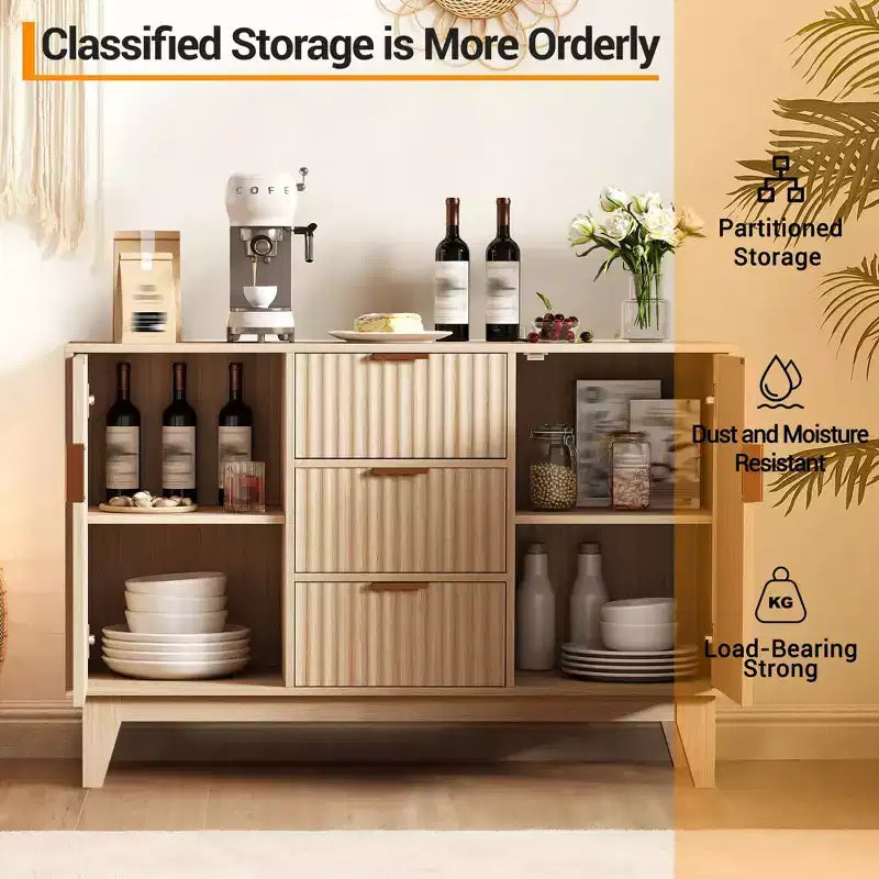 GustoWave Mobile Contenitore Mid Century con 3 Cassetti, Madia a Costine con Contenitore, Credenza Grande, Mobiletto Bar per Caffè