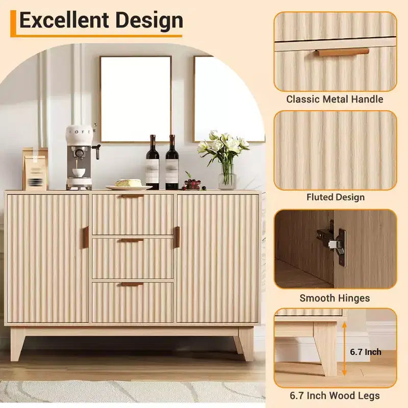 GustoWave Mobile Contenitore Mid Century con 3 Cassetti, Madia a Costine con Contenitore, Credenza Grande, Mobiletto Bar per Caffè