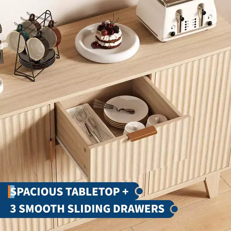 GustoWave Mobile Contenitore Mid Century con 3 Cassetti, Madia a Costine con Contenitore, Credenza Grande, Mobiletto Bar per Caffè
