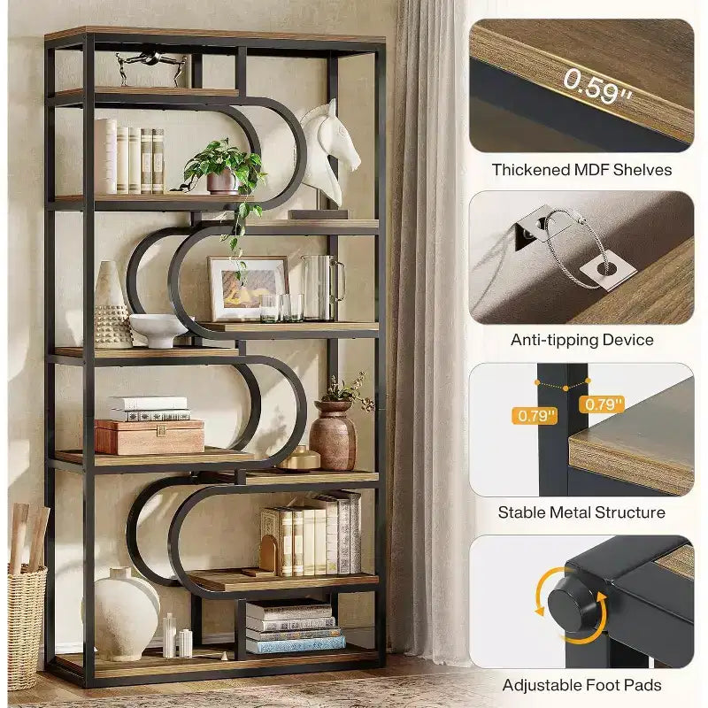 Lantine Scaffale Industriale a 5 Ripiani, Libreria Etagere da 180 cm, Scaffale per Esposizione Autoportante per Ufficio Domestico, Soggiorno, Marrone