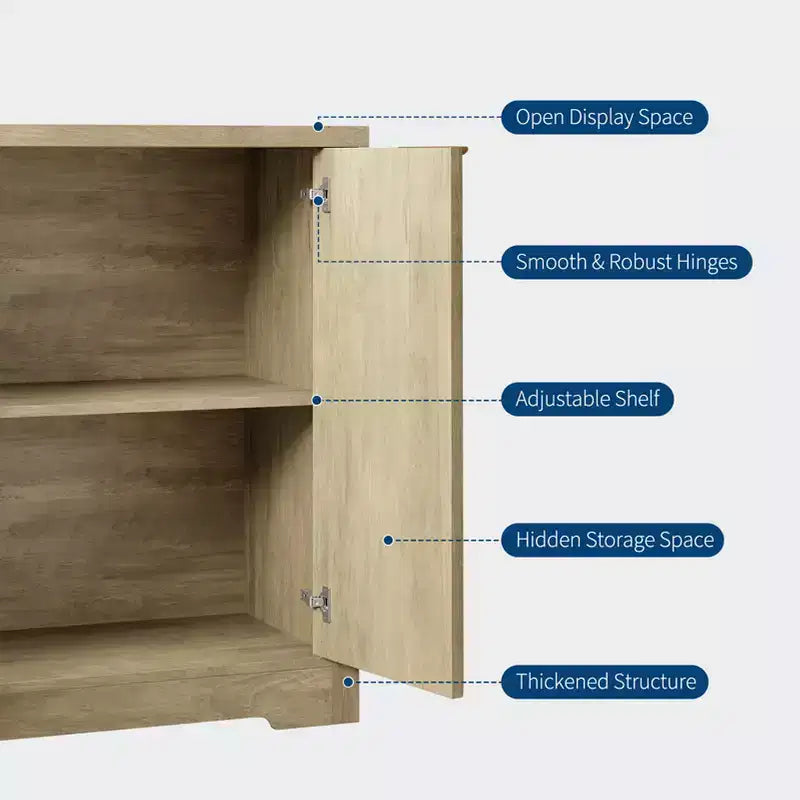 Credenza moderna decorativa con dettagli a doghe, dotata di ante e ripiani. Realizzata in legno, ideale per soggiorni, ingressi