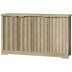 Credenza moderna decorativa con dettagli a doghe, dotata di ante e ripiani. Realizzata in legno, ideale per soggiorni, ingressi