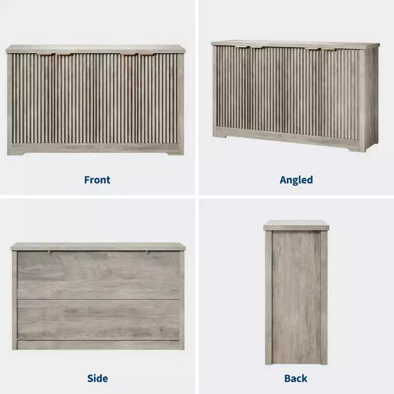 Credenza moderna decorativa con dettagli a doghe, dotata di ante e ripiani. Realizzata in legno, ideale per soggiorni, ingressi