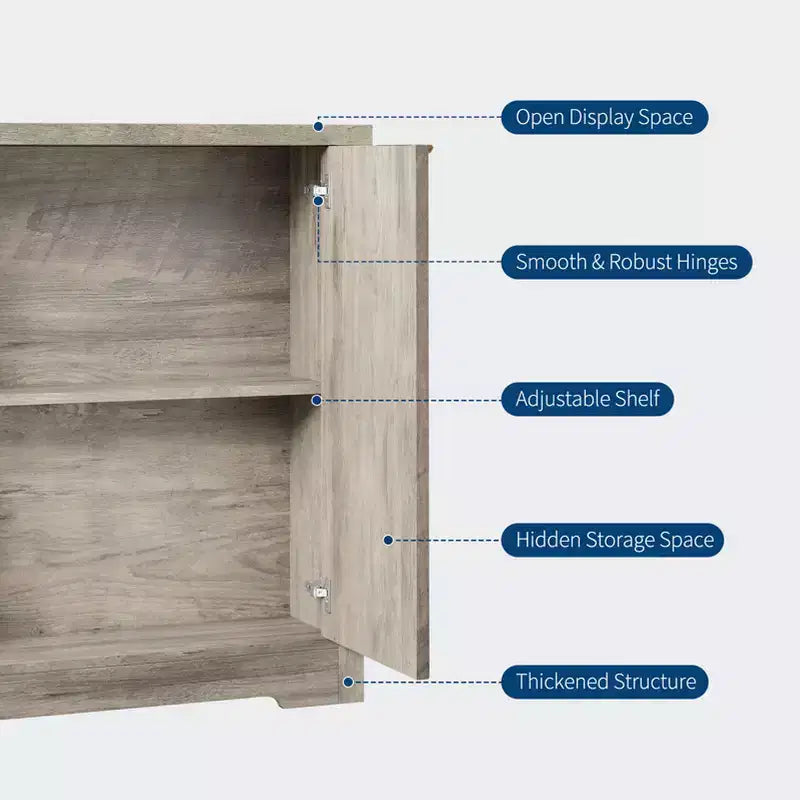 Credenza moderna decorativa con dettagli a doghe, dotata di ante e ripiani. Realizzata in legno, ideale per soggiorni, ingressi