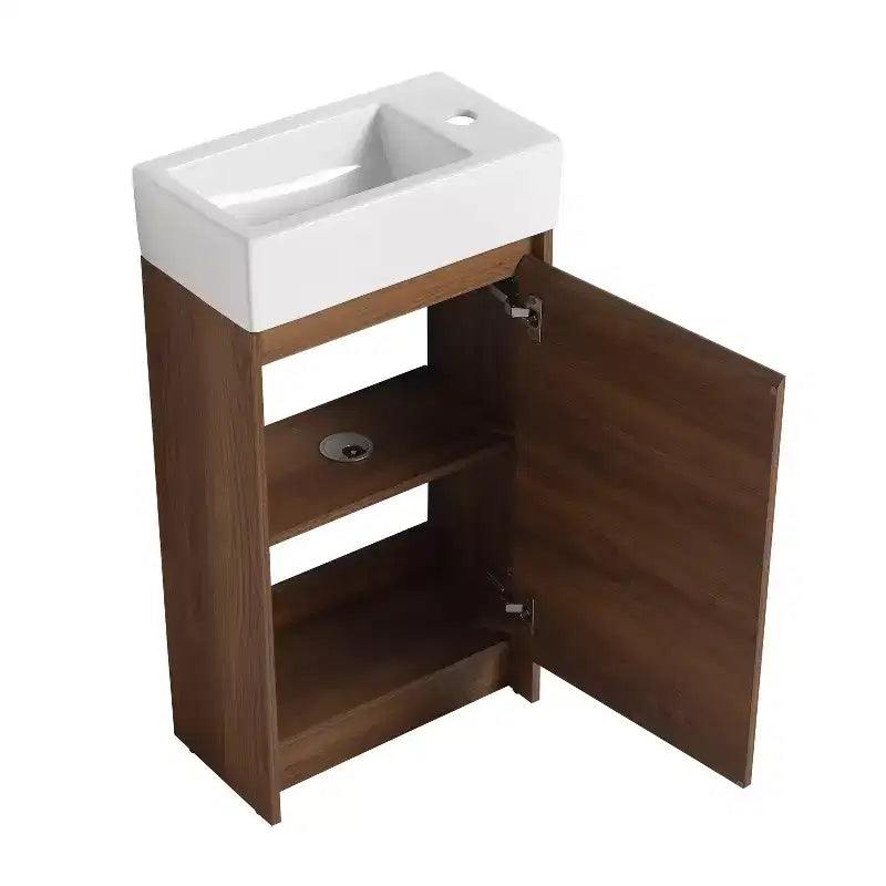 Mobile Bagno 45 cm con Lavabo Singolo, Mobiletto da Appoggio con Lavello in Ceramica, Ante con Chiusura Ammortizzata e Ripiano Regolabile